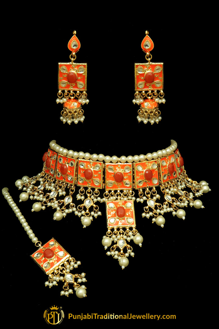 Orange Meena Kundan Pearl Choker Necklace Set By Punjabi Traditional Jewellery