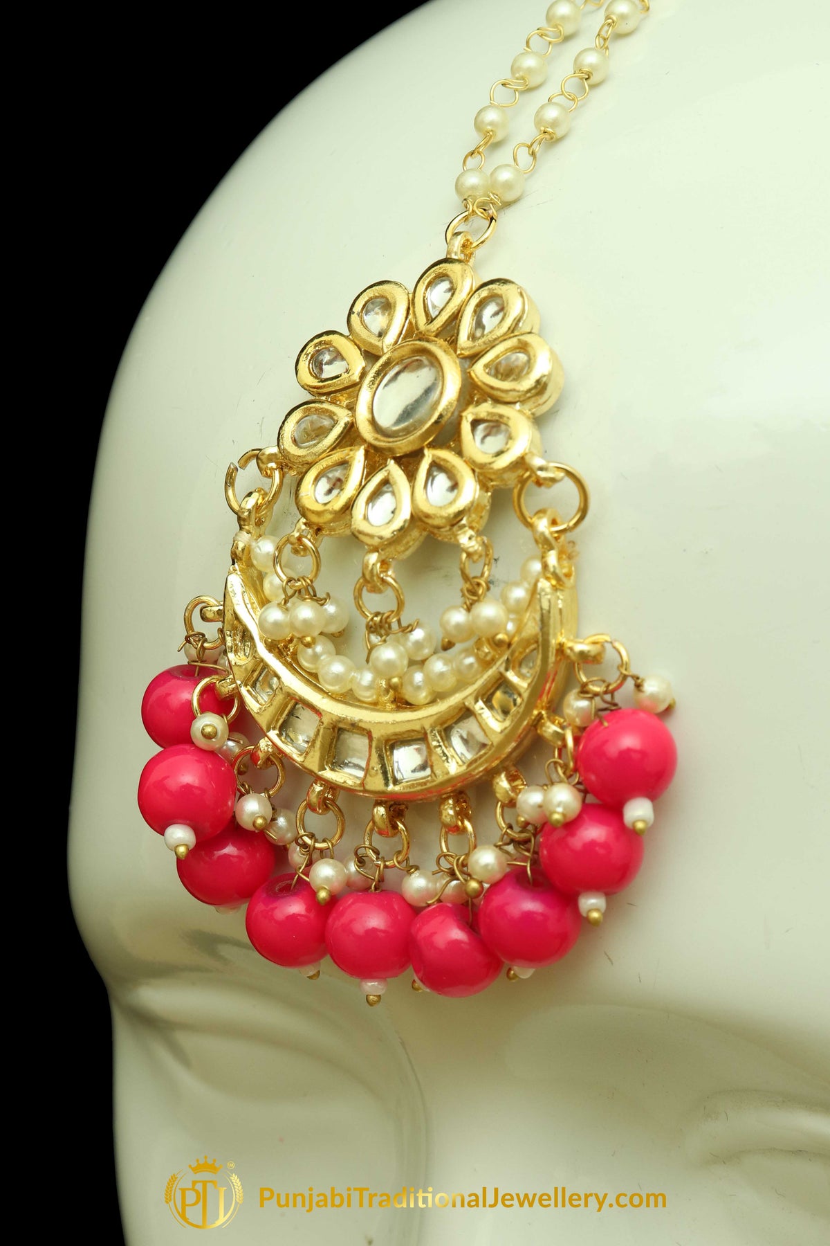 Pink Kundan Earring Tikka Set By Punjabi Traditional Jewellery