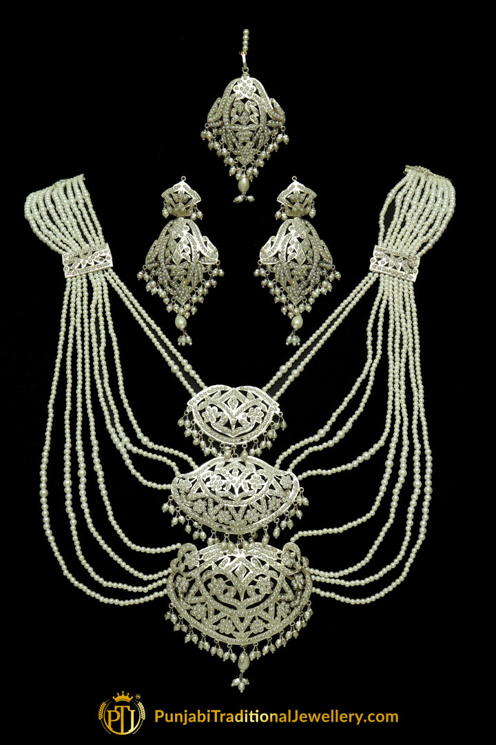 Silver Finished Pearl Jadau Necklace Set By Punjabi Traditional Jewellery
