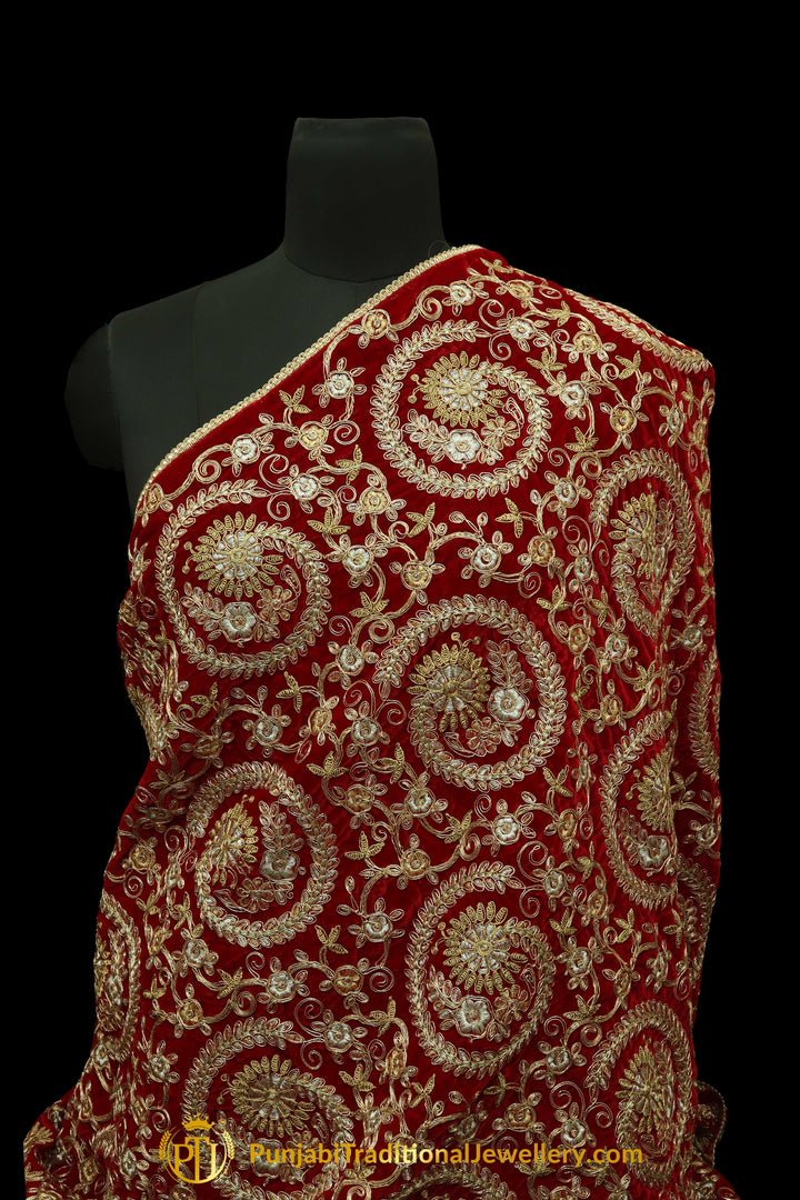 Red Color Pure Phulkari Dupatta By Punjabi Traditional Jewellery