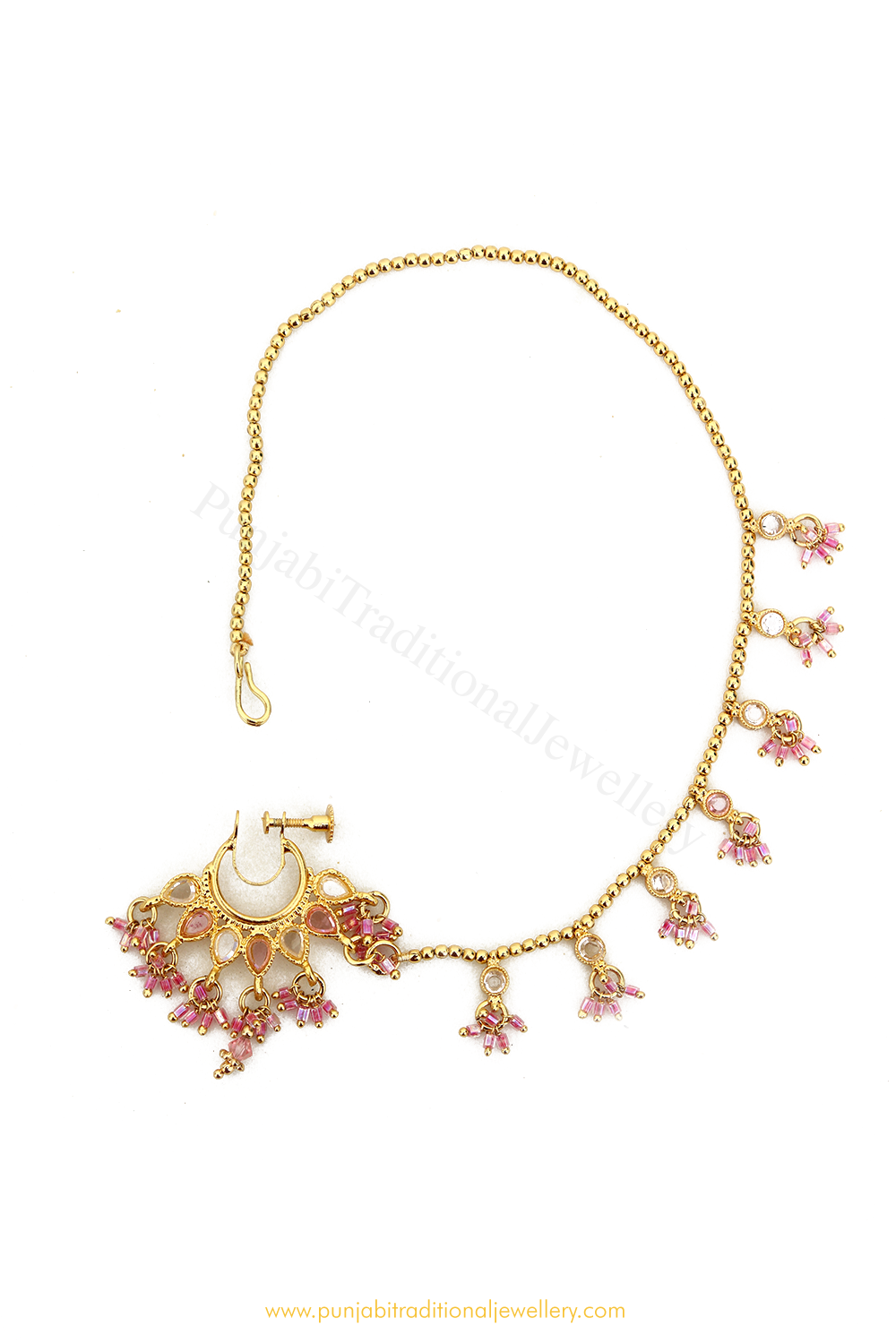 Gold Finished Pink Polki Nath By PTJ