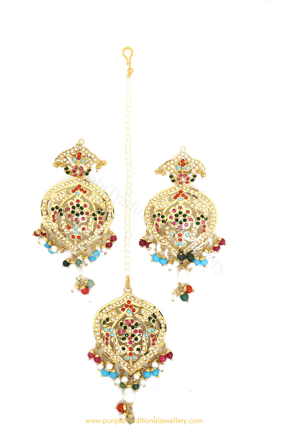Gold Finished Navratan Jadau Earrings & Tikka Set By PTJ