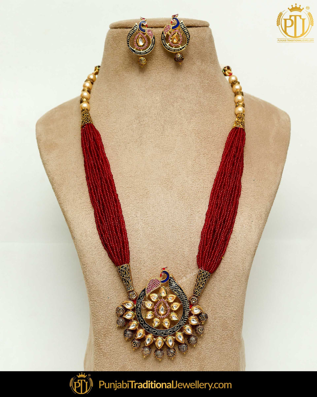 Gold Finished Rubby Pearl Kundan Mala Necklace Set | Punjabi Traditional Jewellery Exclusive