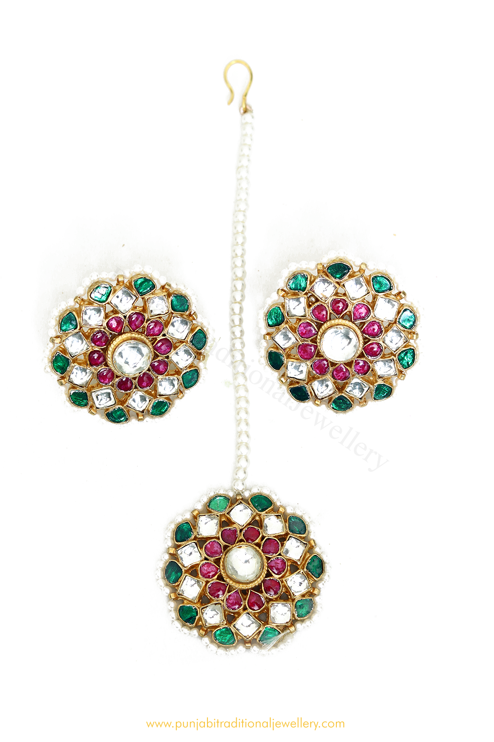 Gold Finished Rubby Emerald Stud & Tikka Set By PTJ