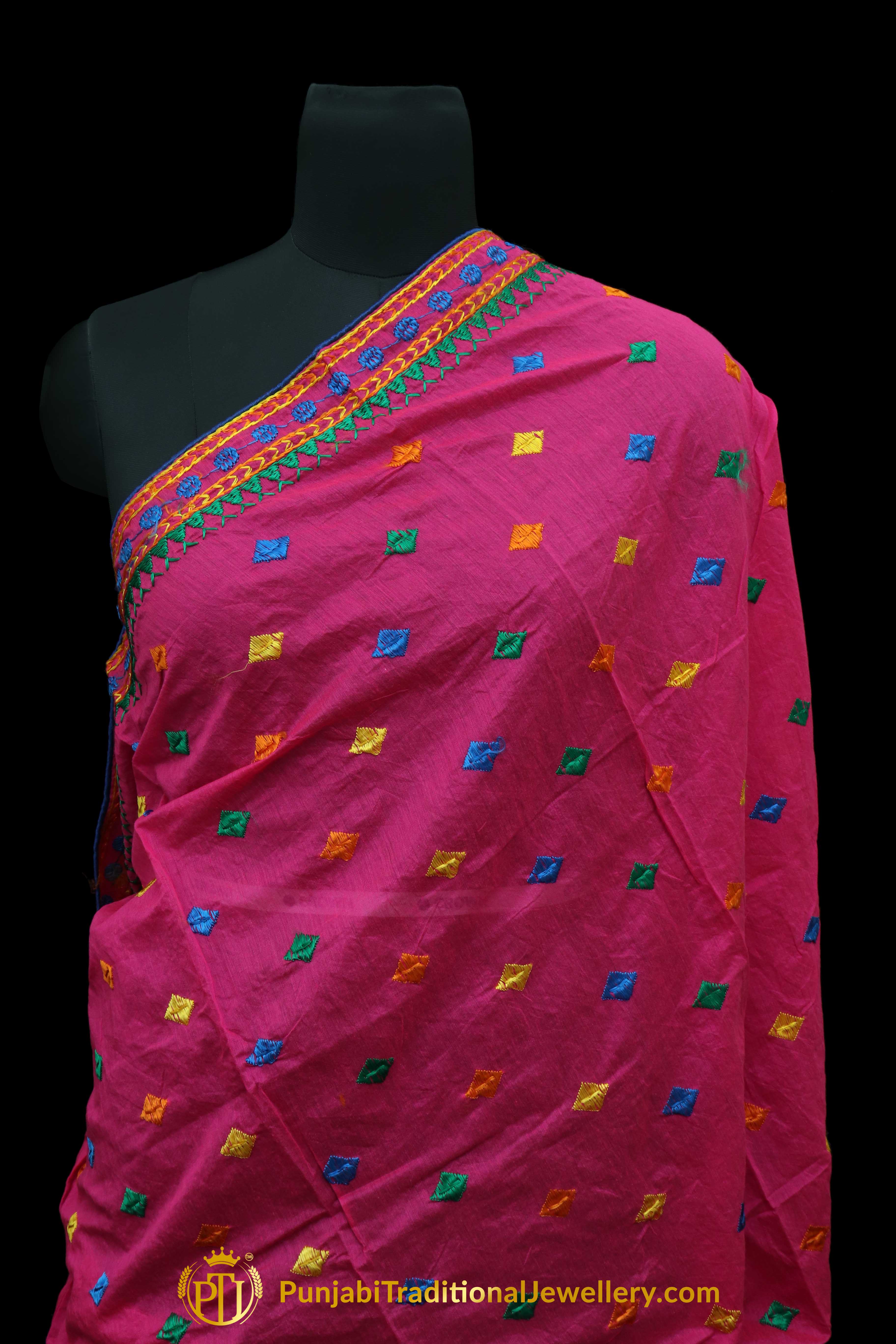 Pure Phulkari Dupatta With Pink Color By Punjabi Traditional Jewellery