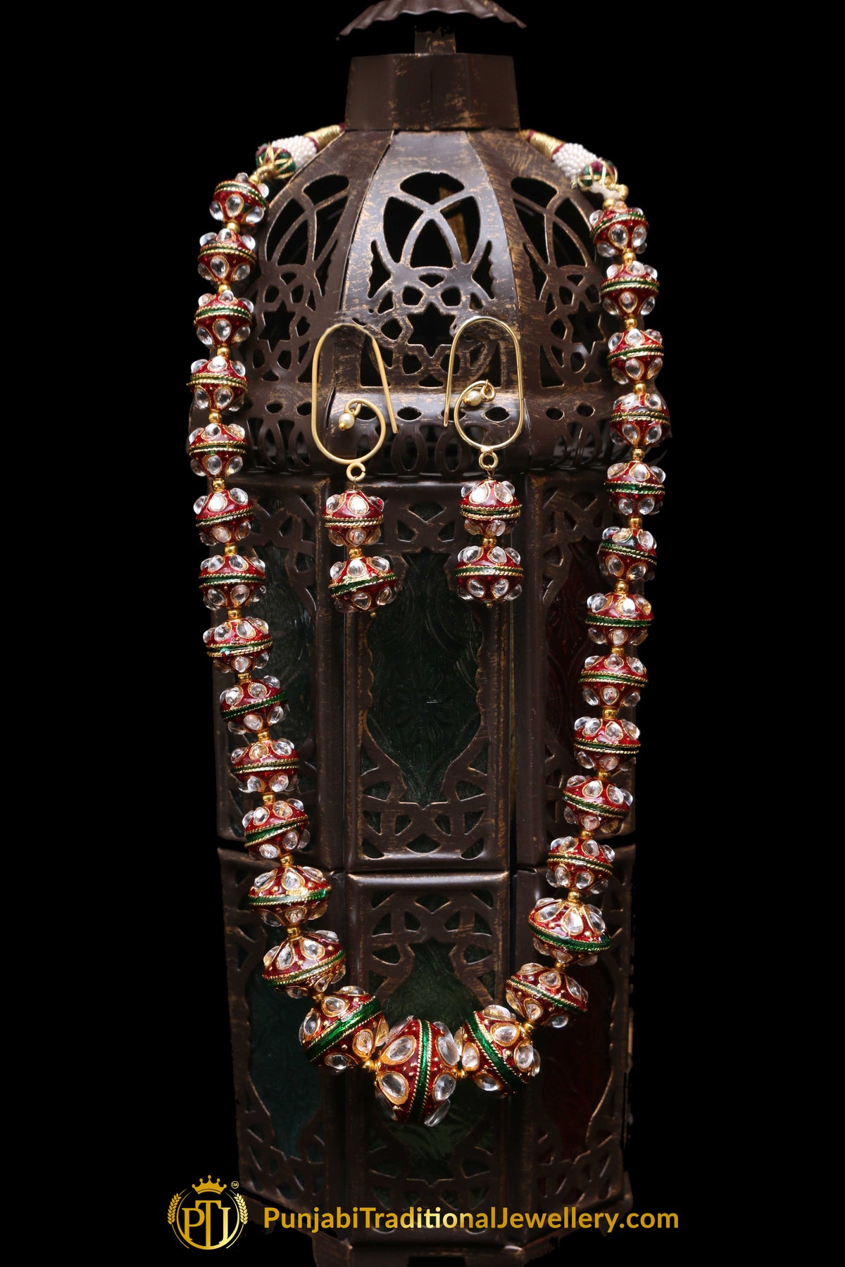 Red Kundan Mala Meena Necklace Set By Punjabi Taditional Jewellery