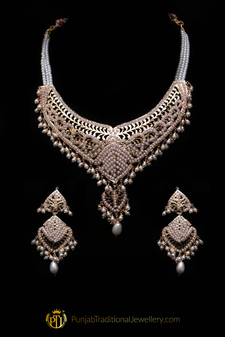 Golden Jadau Necklace Set By Punjabi Traditional Jewellery