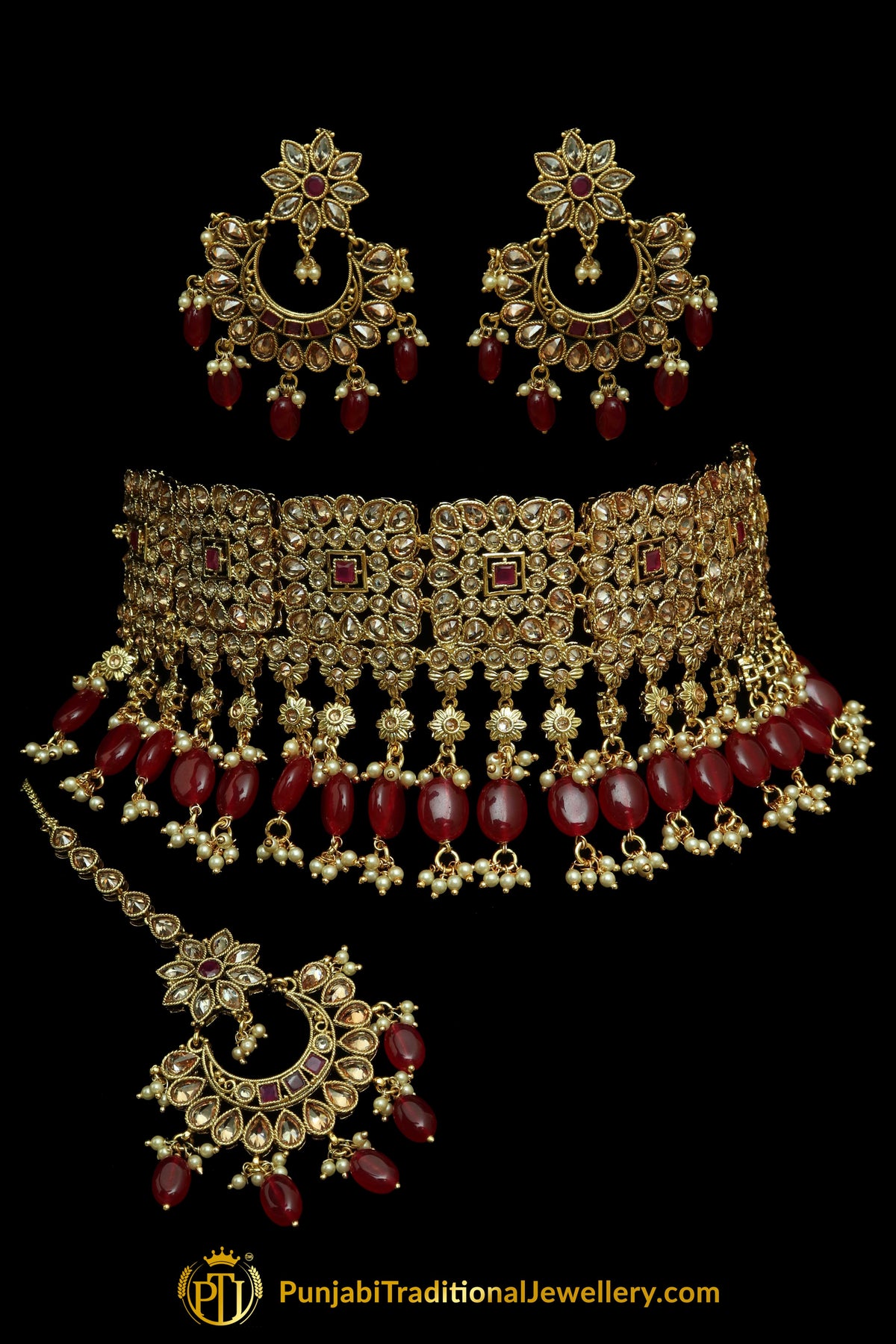 Red Polki Champagne Stone Choker Necklace Set By Punjabi Taditional Jewellery