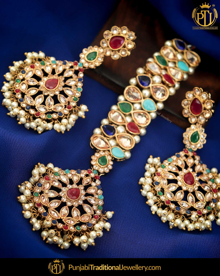 Gold Finished Navratan Champange Stone Earring Tikka Set | Punjabi Traditional Jewellery Exclusive