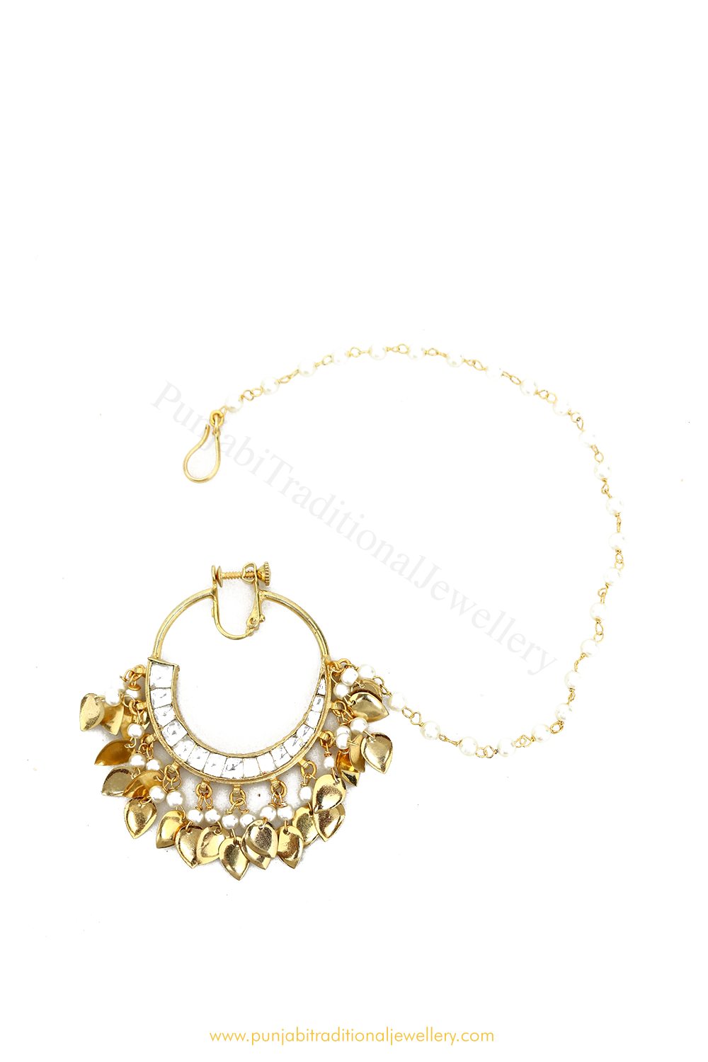 Gold Finished Pippal Patti Kundan Nath By PTJ