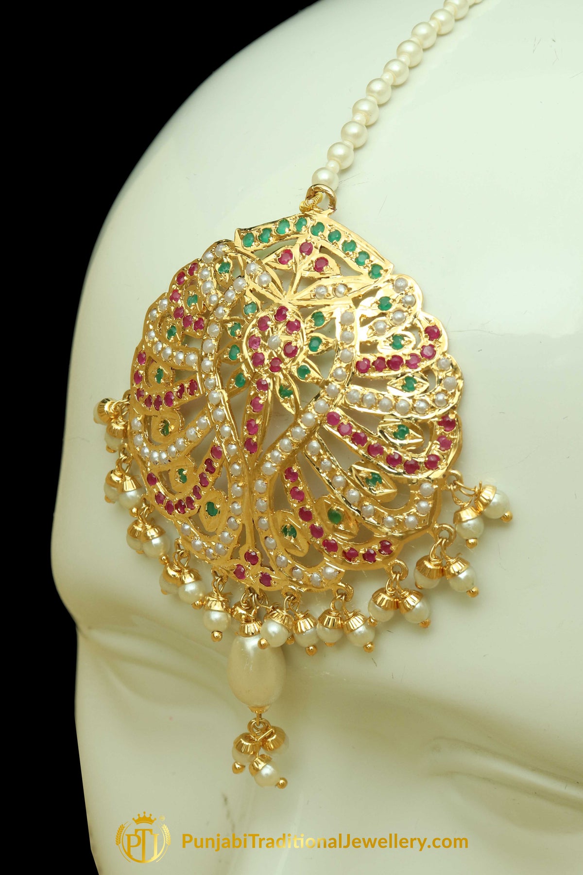 Multi Jadau Pearl Earring Tikka Set By Punjabi Traditional Jewellery