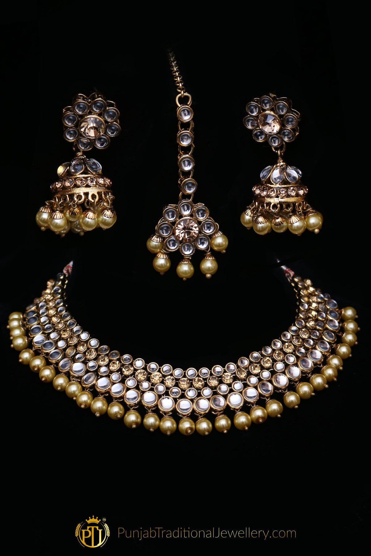 Golden Kundan Necklace Set By Punjabi Traditional Jewellery