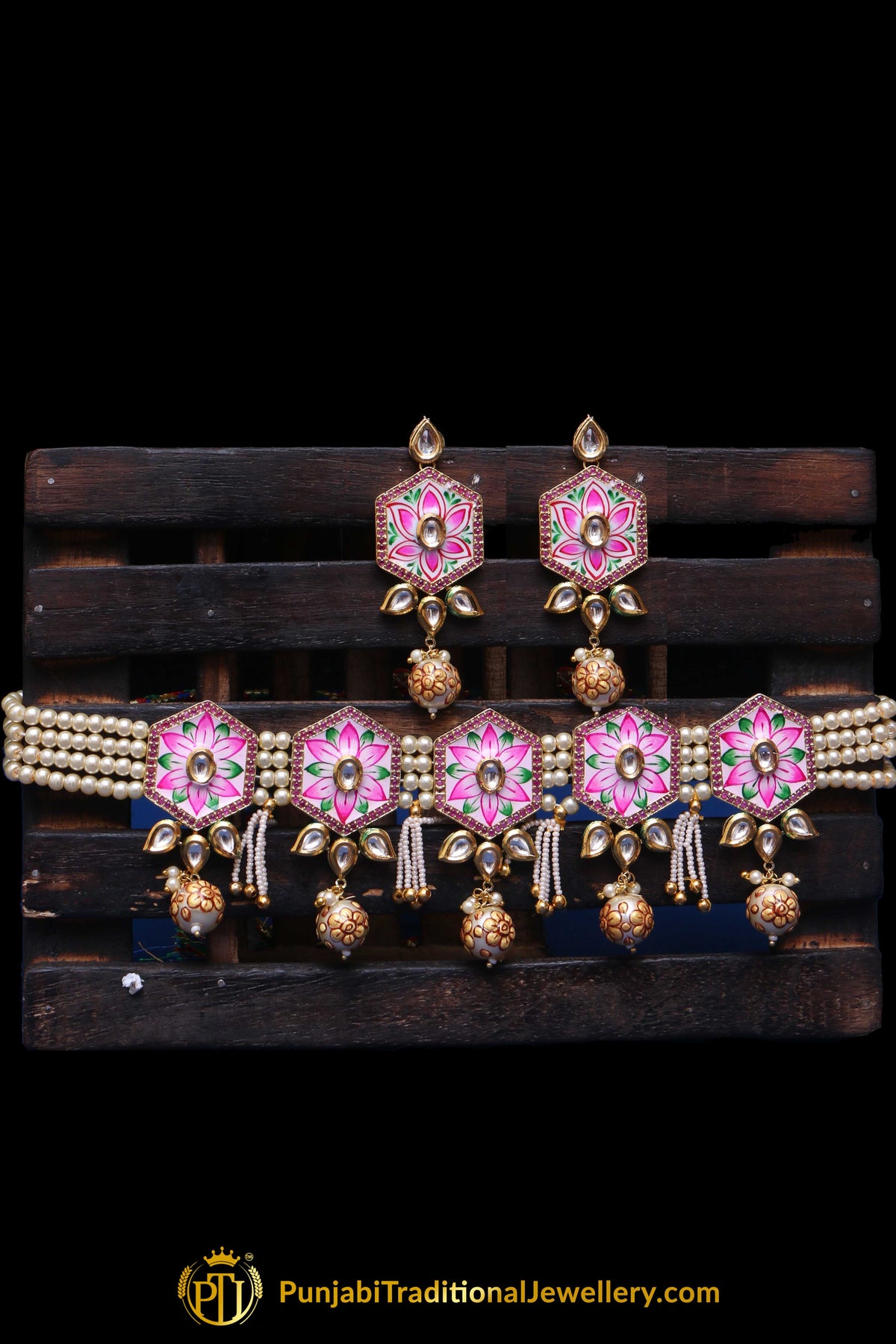 Pink Kundan Mala Meena Necklace Set By Punjabi Taditional Jewellery