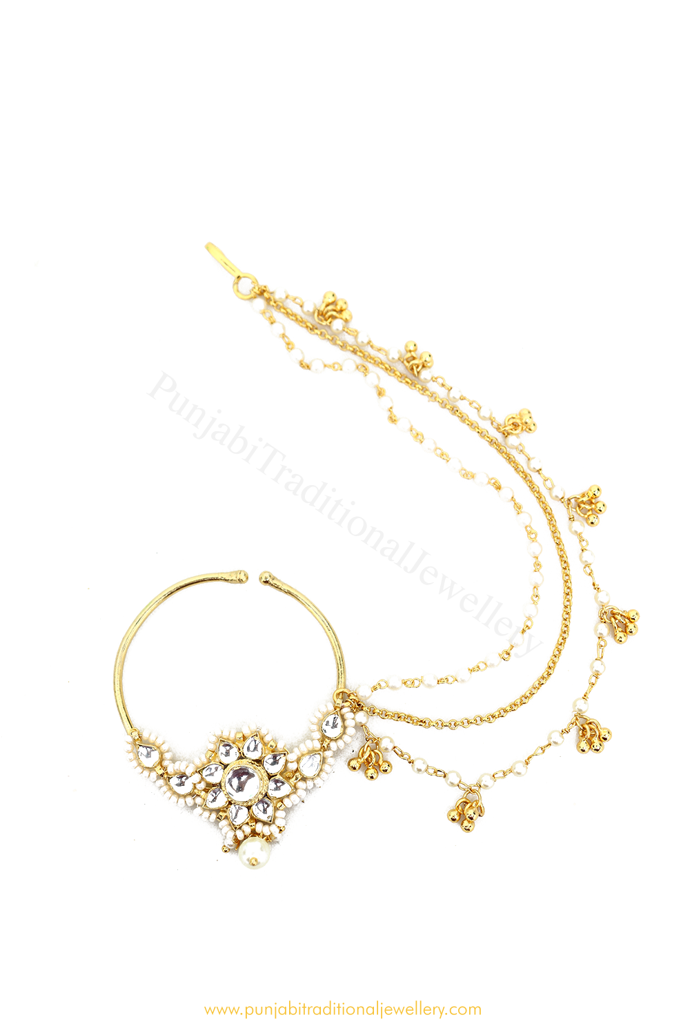 Gold Finished Pearl Kundan Nath By PTJ