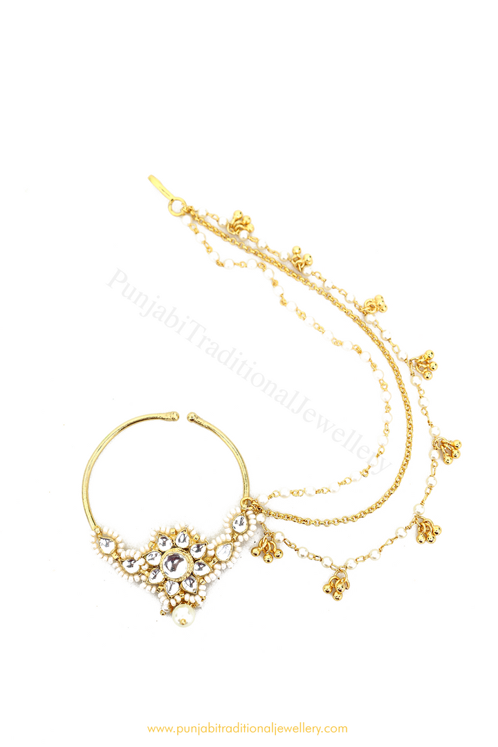 Gold Finished Pearl Kundan Nath By PTJ