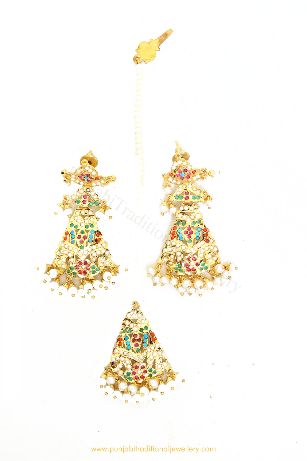 Gold Finished Navratan Jadau Earrings & Tikka Set By PTJ