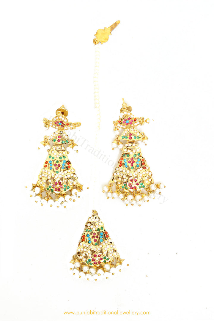 Gold Finished Navratan Jadau Earrings & Tikka Set By PTJ
