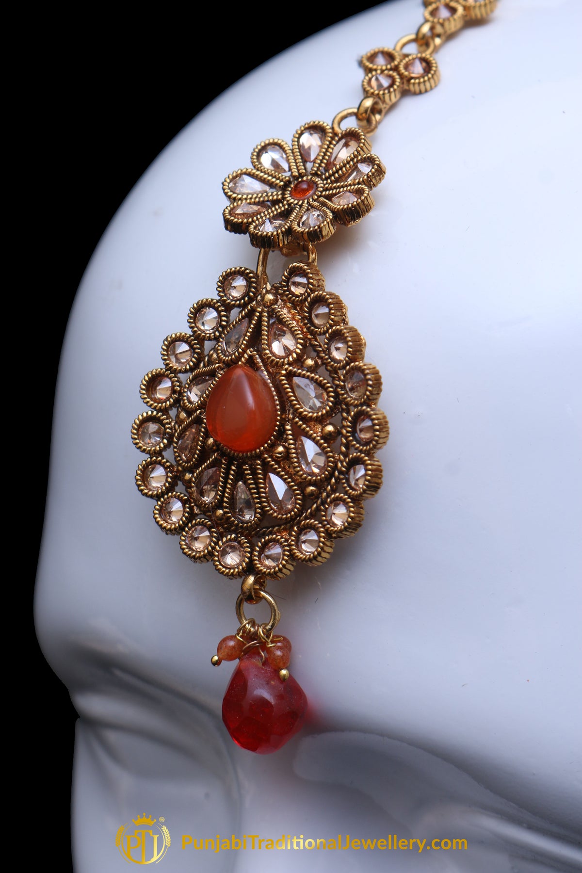 Champagne Stone Orange Earring Tikka Set By Punjabi Traditional Jewellery