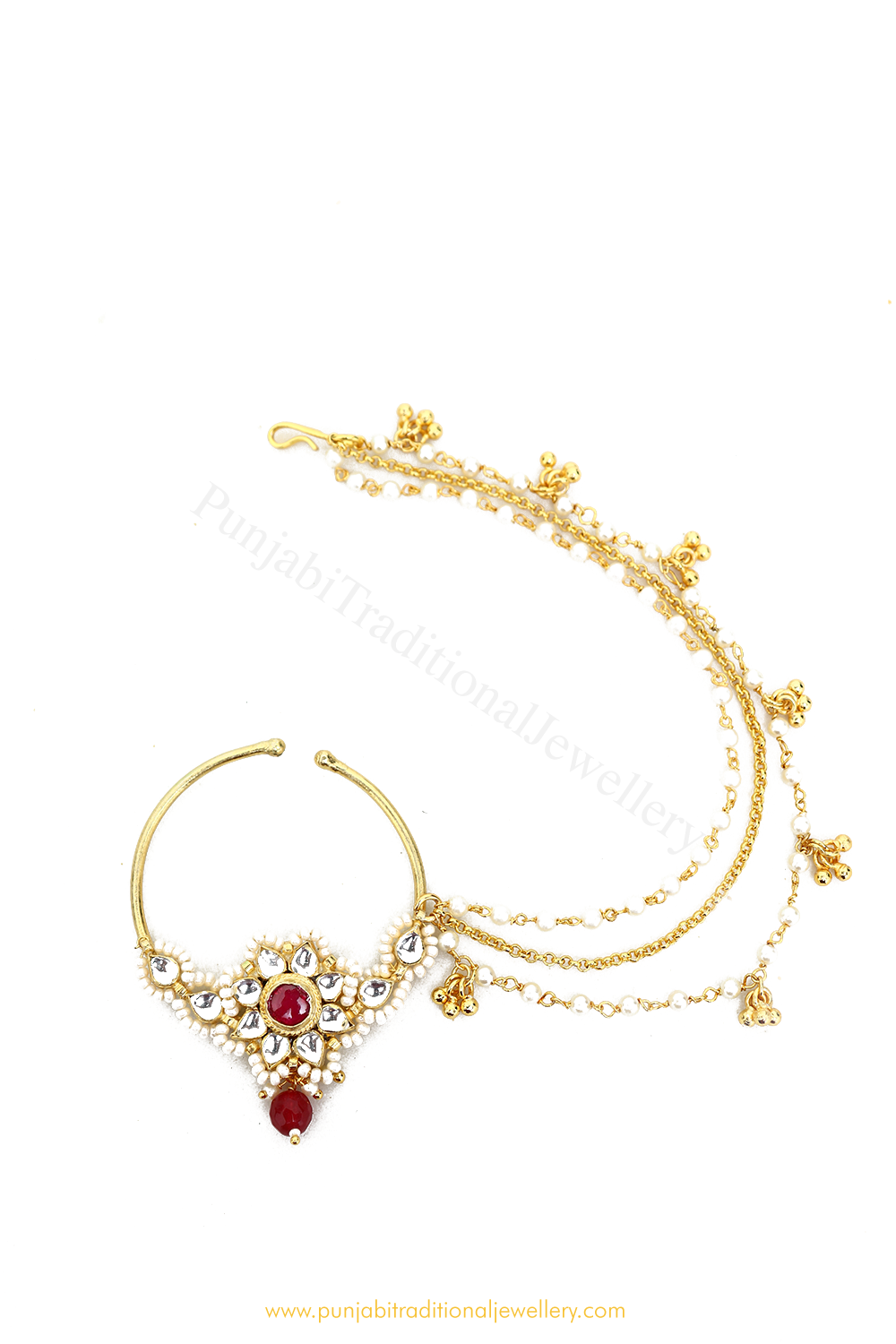 Gold Finished Rubby Kundan Nath By PTJ