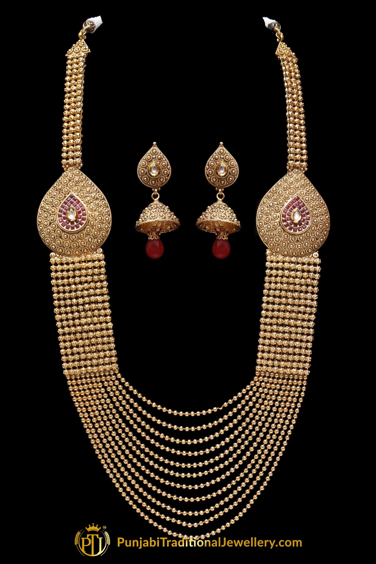Red Jodha Antique Gold long Necklace Set By Punjabi Traditional Jewellery
