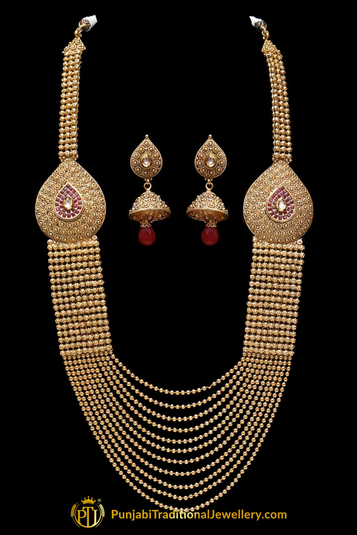 Red Jodha Antique Gold long Necklace Set By Punjabi Traditional Jewellery