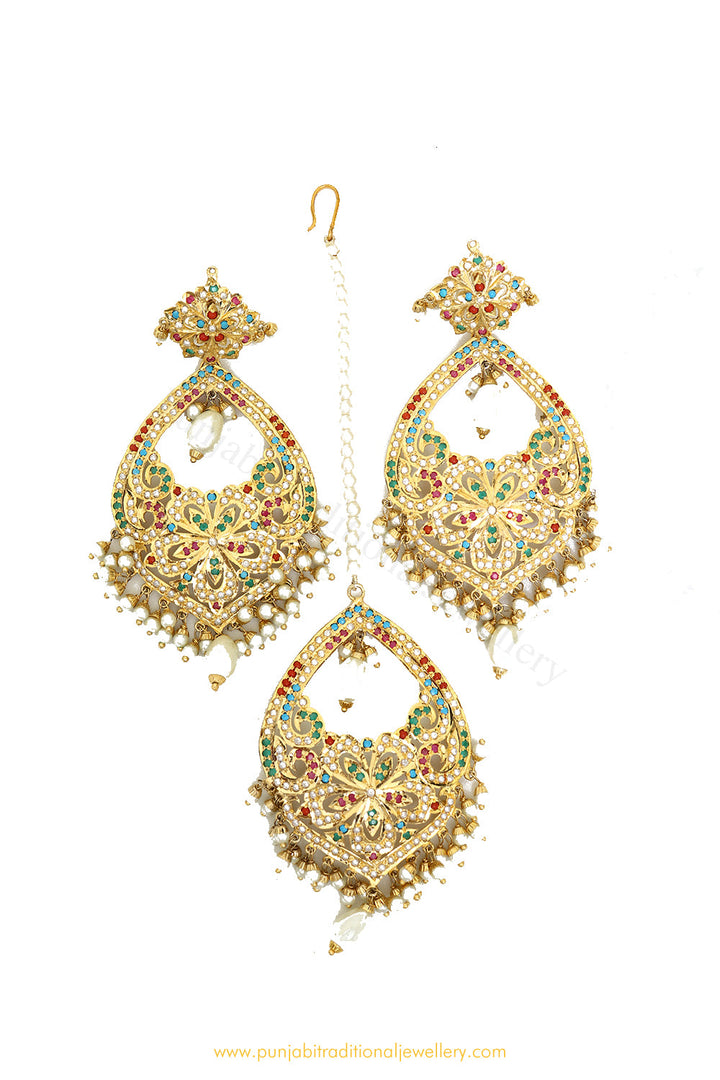 Gold Finished Navratan Jadau Earring Tikka Set By PTJ