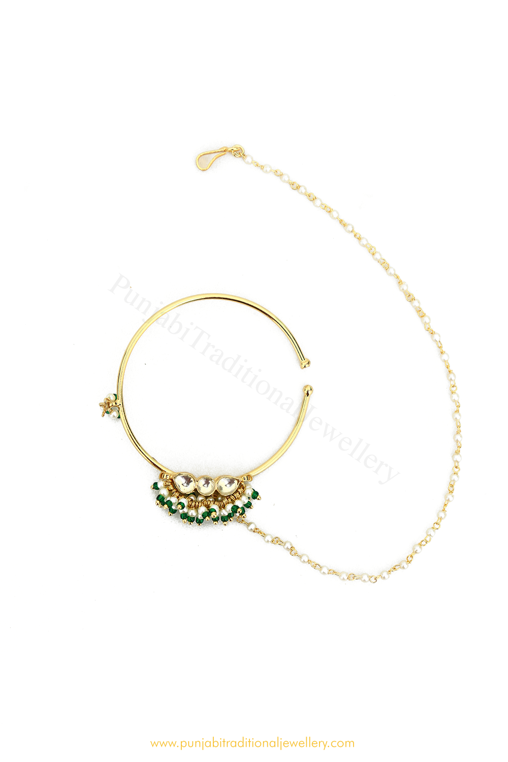 Gold Finished Emerald Kundan Nath By PTJ