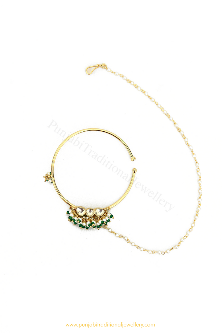 Gold Finished Emerald Kundan Nath By PTJ