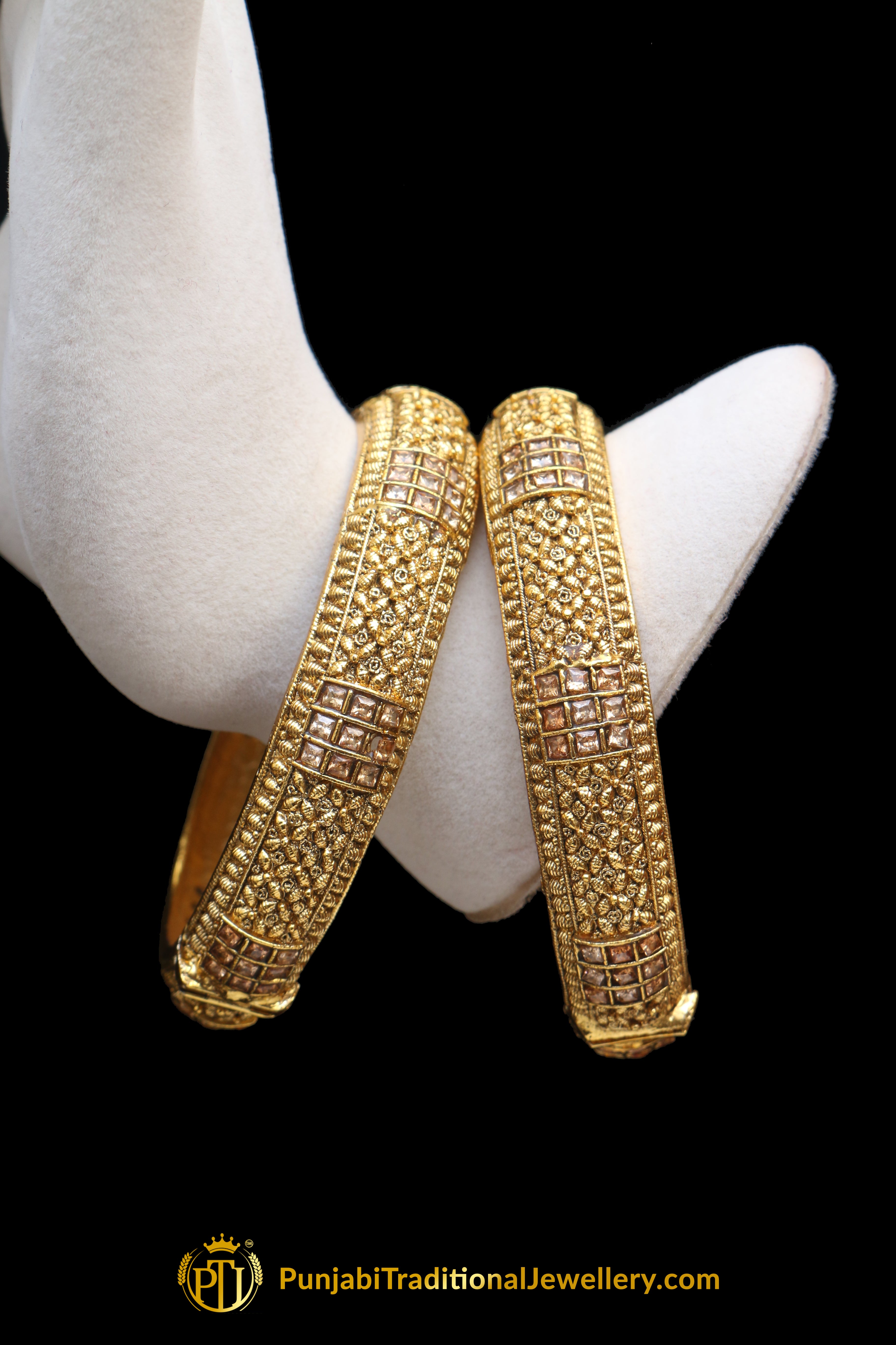Gold Finished Champagne Stone Karra Bangles (Pair) By Punjabi Traditional Jewellery