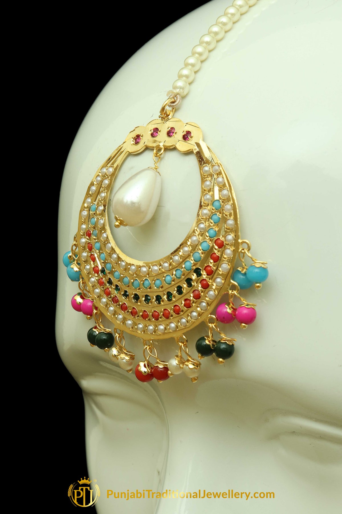 Multi Jadau Pearl Earring Tikka Set By Punjabi Traditional Jewellery