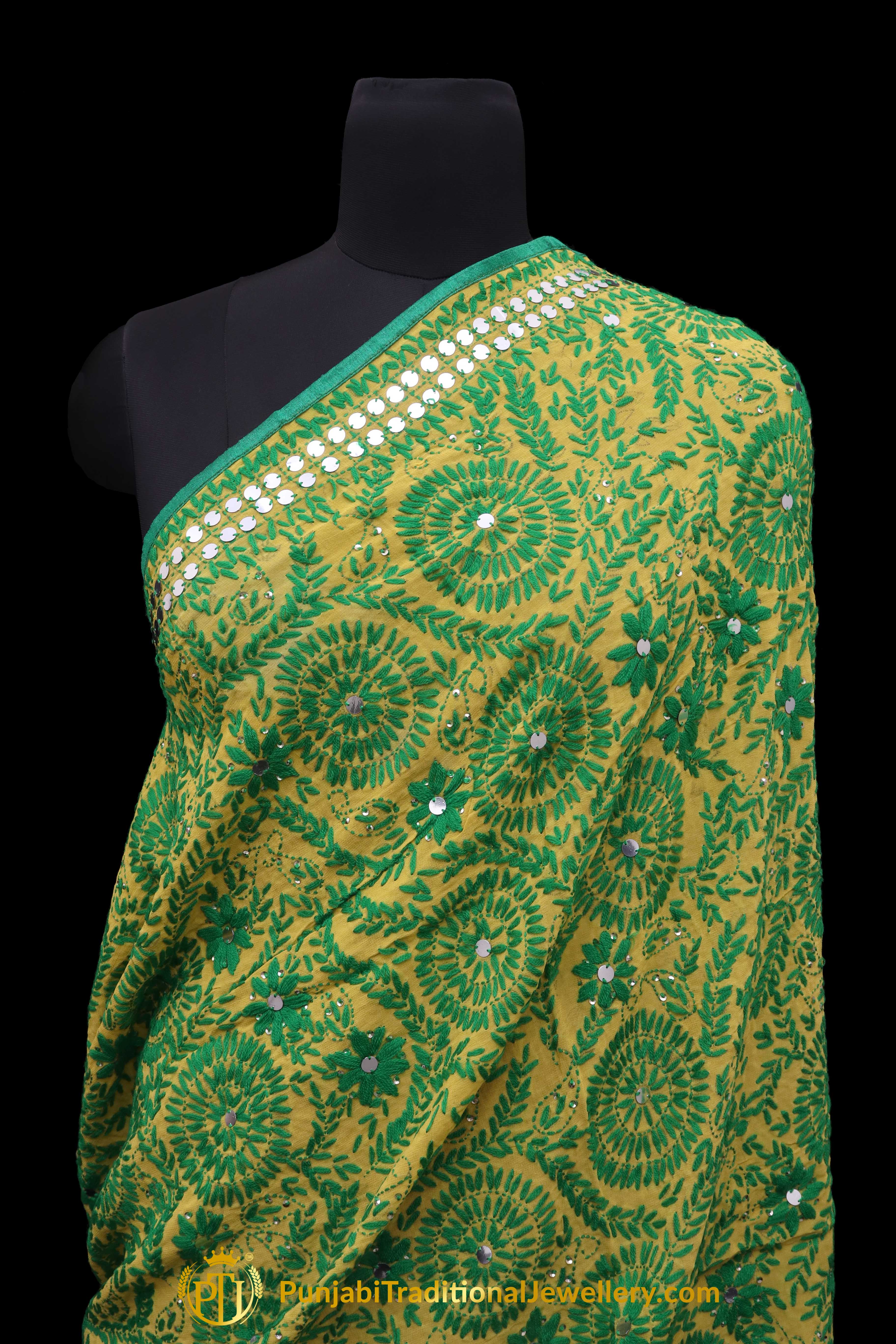 Green Color Pure Phulkari Dupatta By Punjabi Traditional Jewellery