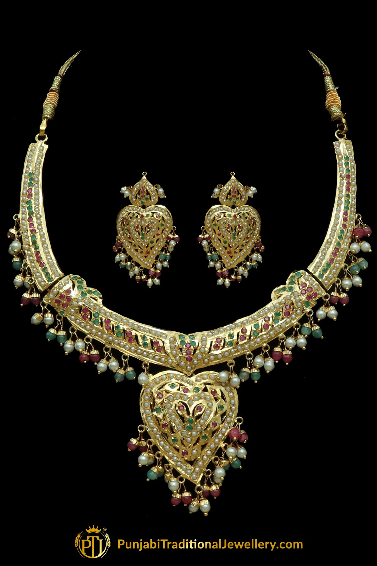 Red & Green Jadau Necklace Set By Punjabi Traditional Jewellery