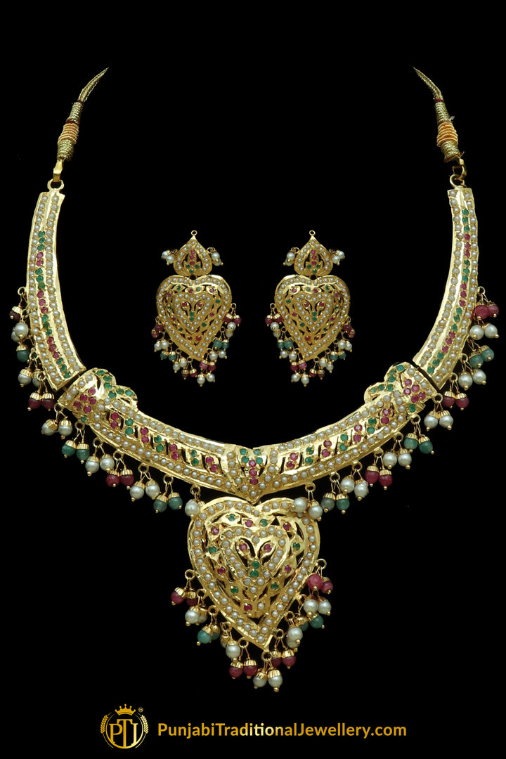 Red & Green Jadau Necklace Set By Punjabi Traditional Jewellery