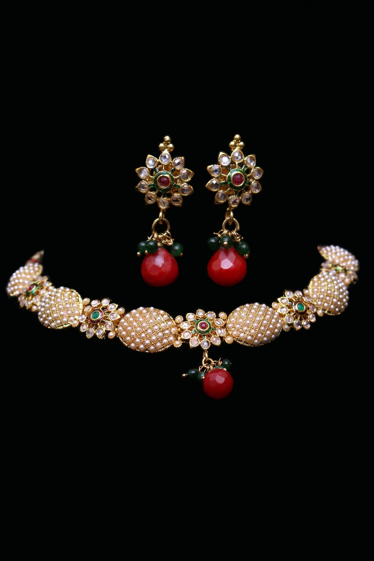 Lihaaz Maroon & Green Necklace Set By Punjabi Traditional Jewellery