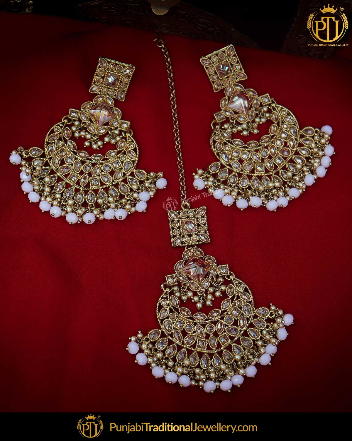 Gold Finished Pink Champange Stone Earring Tikka Set | Punjabi Traditional Jewellery Exclusive