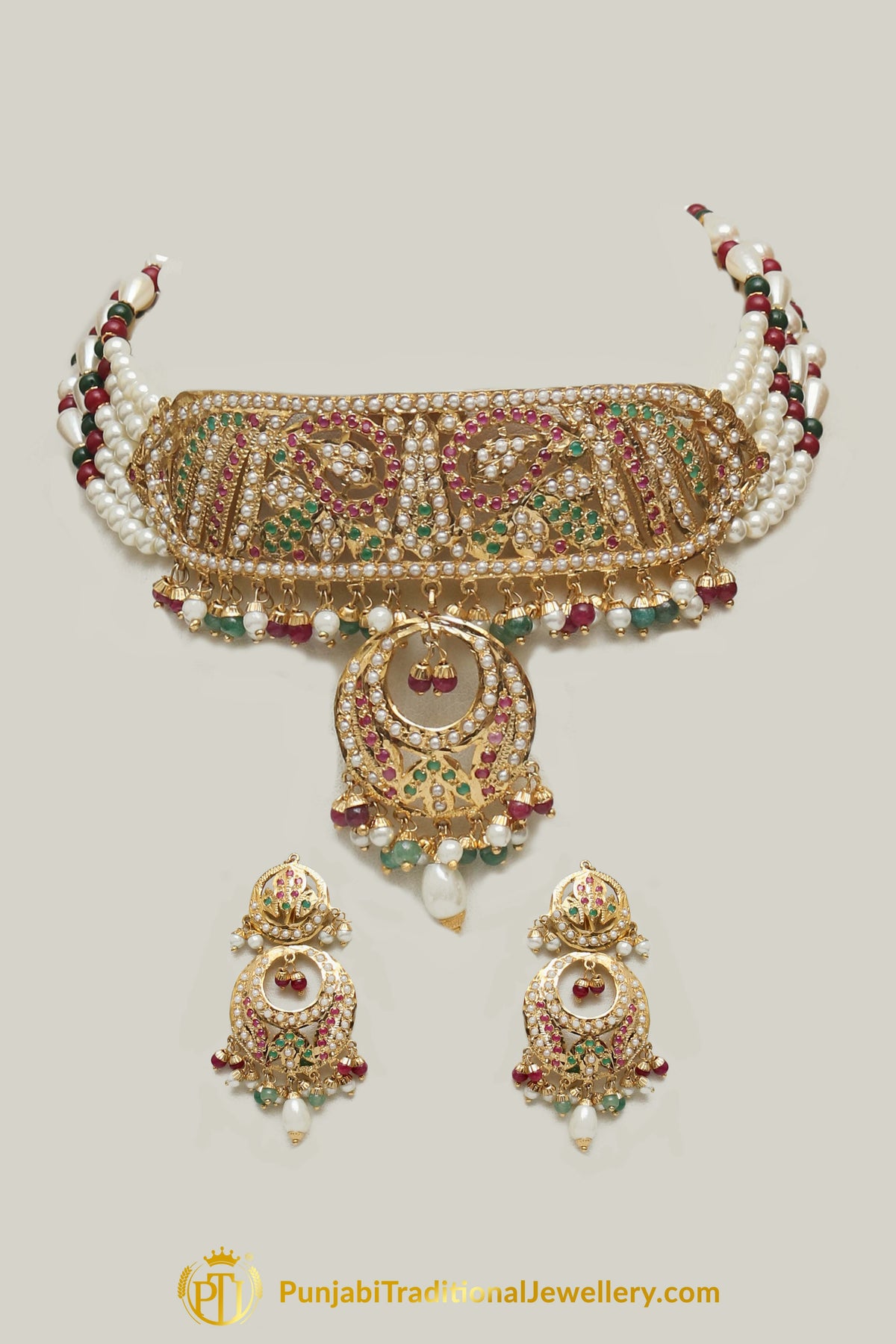 Jadau Multi Pearl Necklace Set By Punjabi Traditional Jewellery