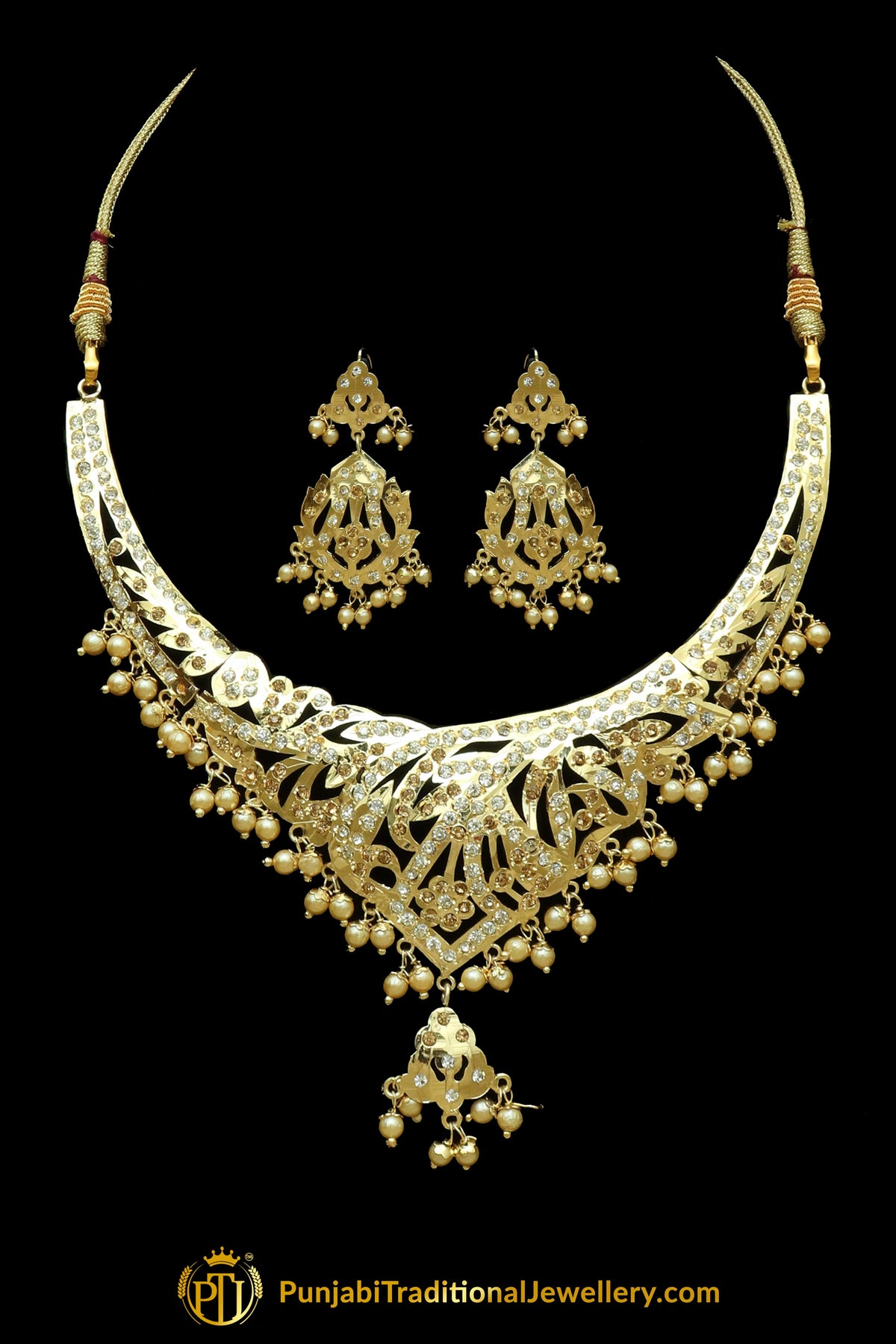 Golden Jadau Necklace Set By Punjabi Traditional Jewellery