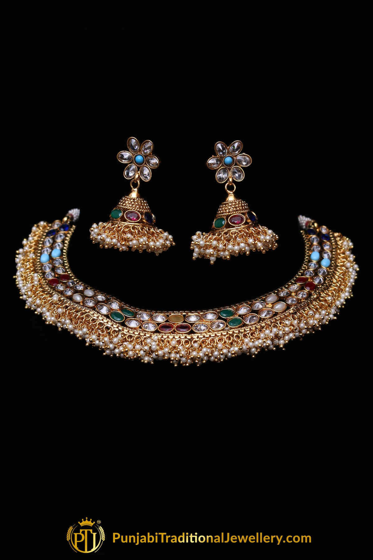 Multi Polki Nacklace Set By Punjabi Traditional Jewellery
