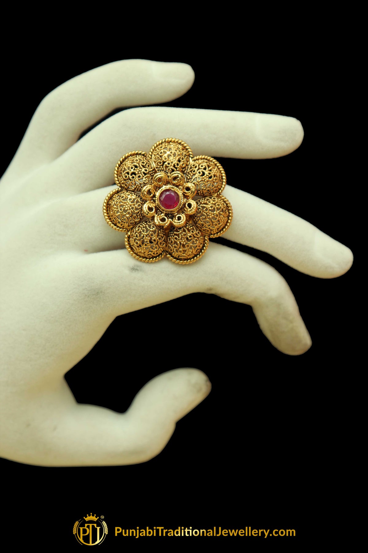 Red Antique Gold Ring By Punjabi Traditional Jewellery