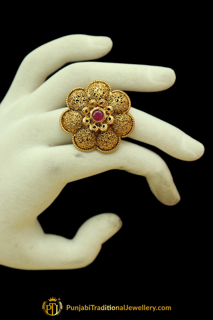 Red Antique Gold Ring By Punjabi Traditional Jewellery