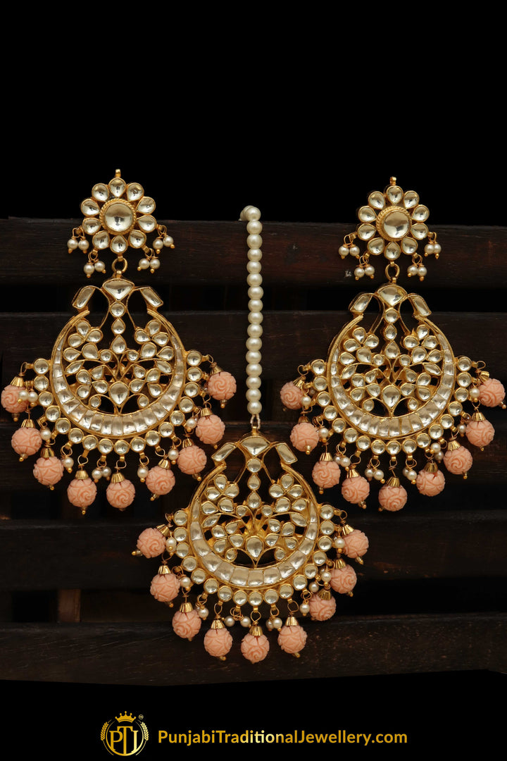 Hajjah Peach Kundan Earring Tikka Set | Punjabi Traditional Jewellery Exclusive
