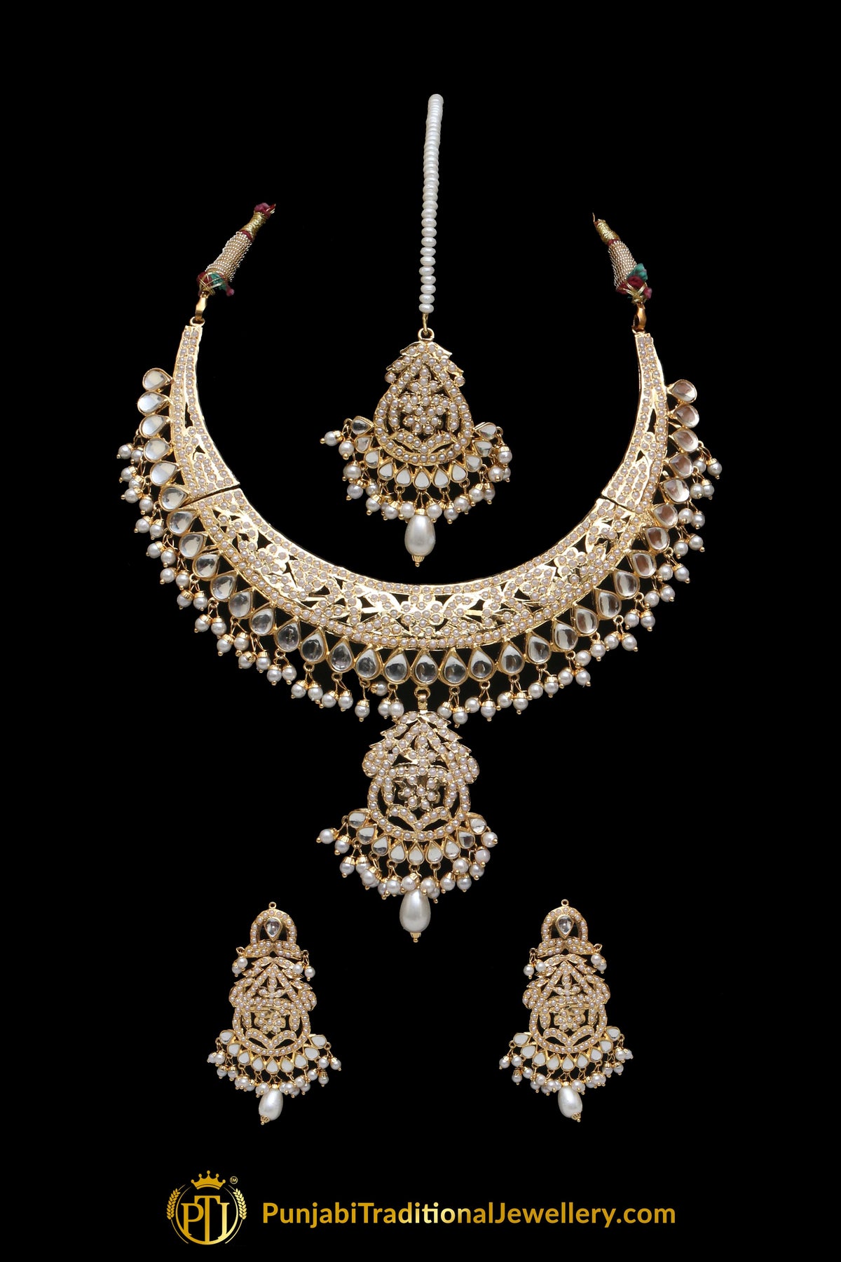 Golden Jadau Pearl Kundan Necklace Set By Punjabi Taditional Jewellery