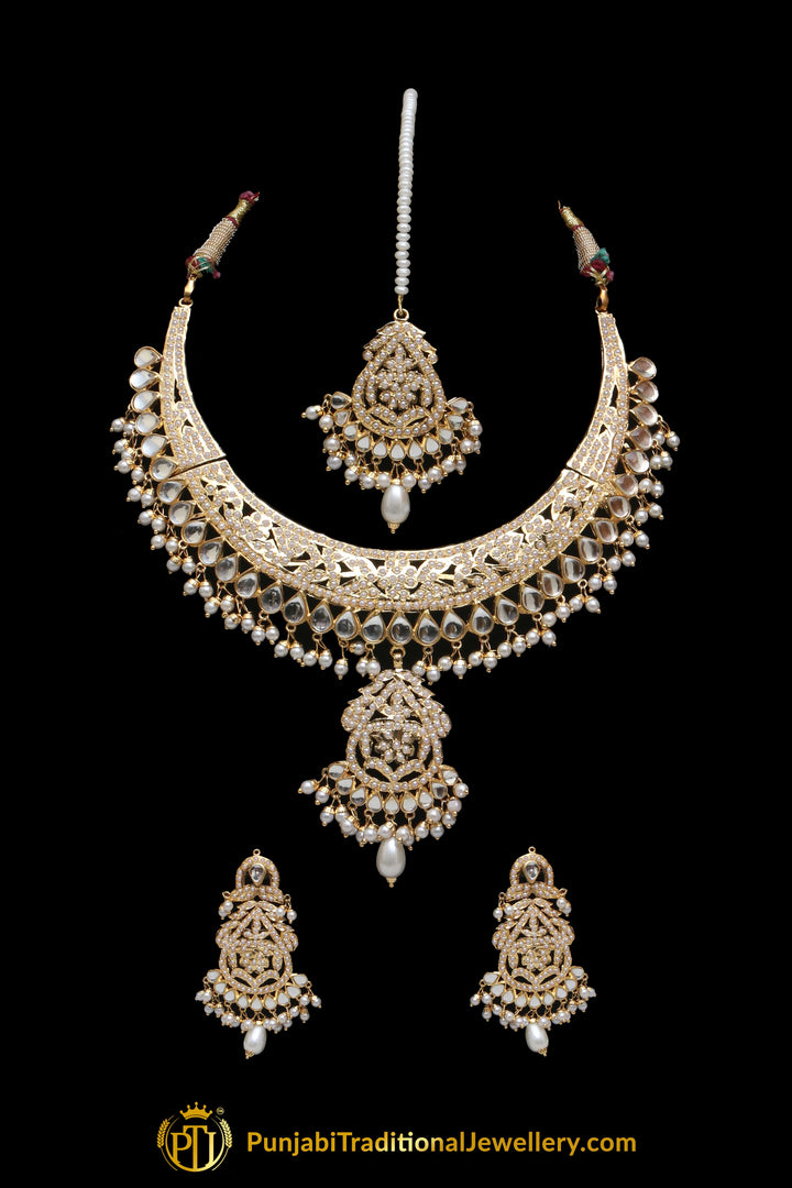 Golden Jadau Pearl Kundan Necklace Set By Punjabi Taditional Jewellery