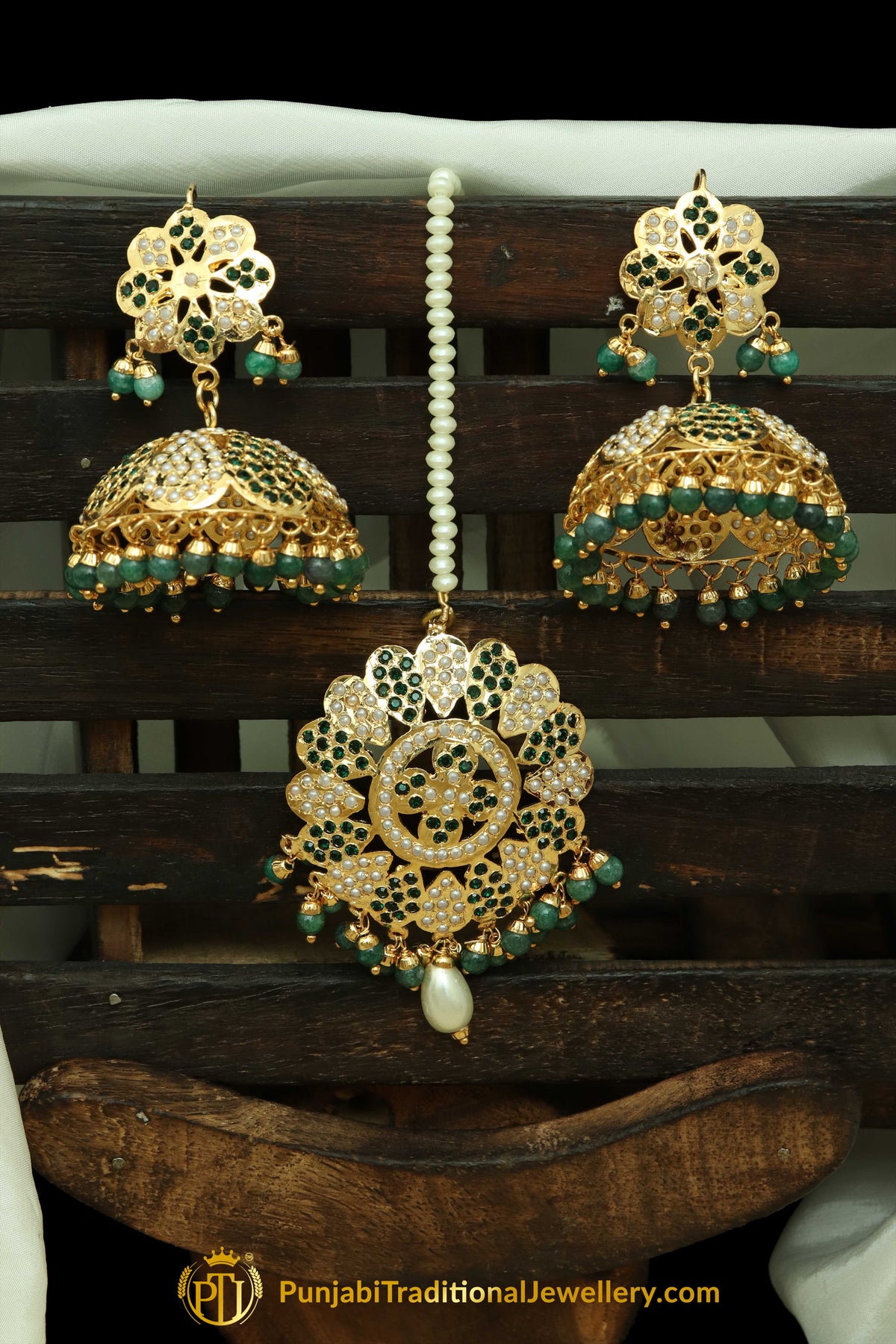Green Jadau & Jhumki With Tikka Earrings By Punjabi Traditional Jewellery Earrings