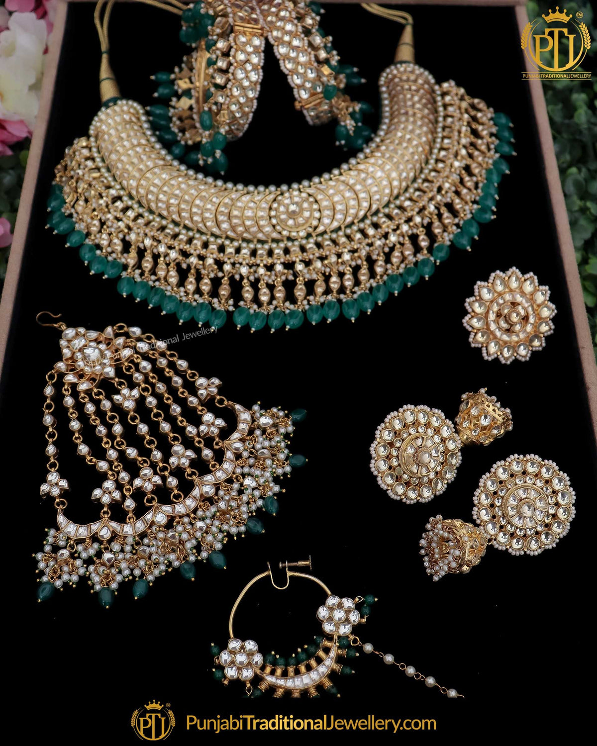 Gold Finished Kundan Emerlad Pearl Bridal Necklace Set | Punjabi Traditional Jewellery Exclusive