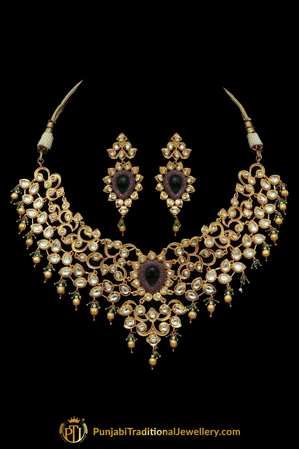 Green Kundan Necklace Set By Punjabi Taditional Jewellery