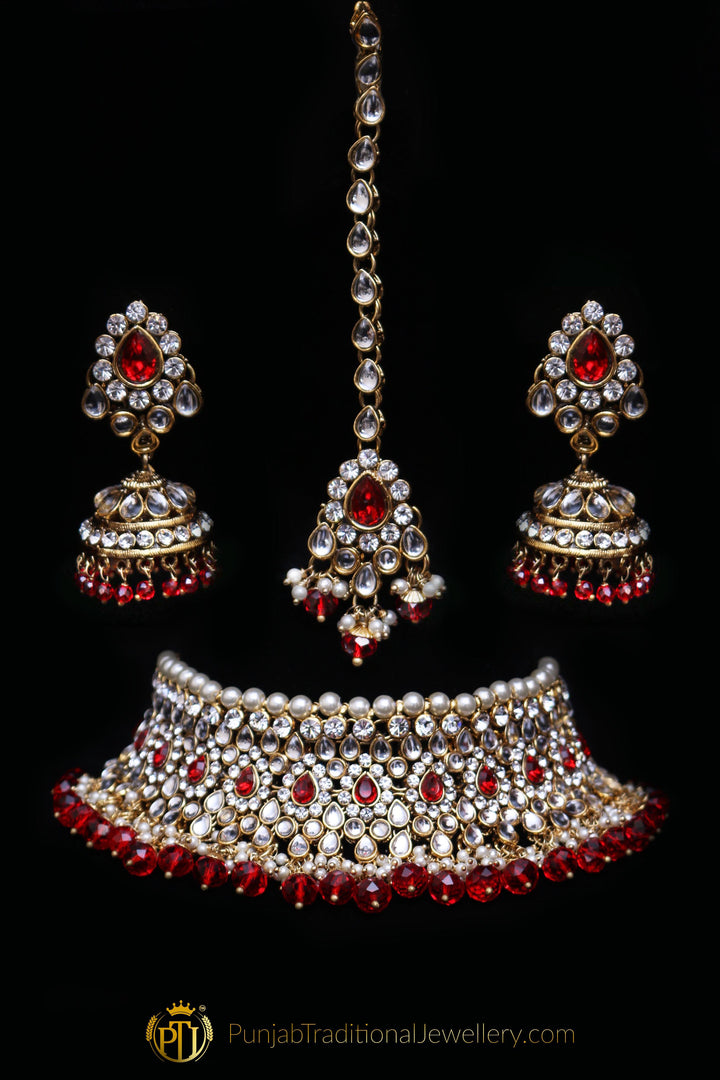 Red White Pearl Kundan Choker Necklace Set By Punjabi Traditional Jewellery