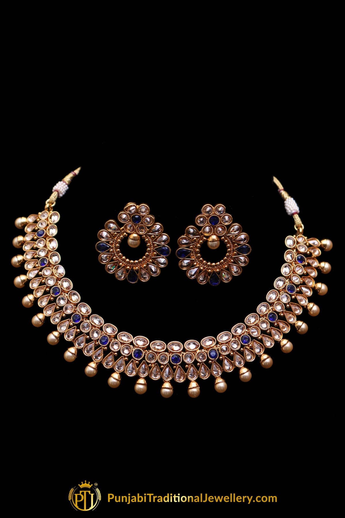 Blue Polki Necklace Set By Punjabi Traditional Jewellery