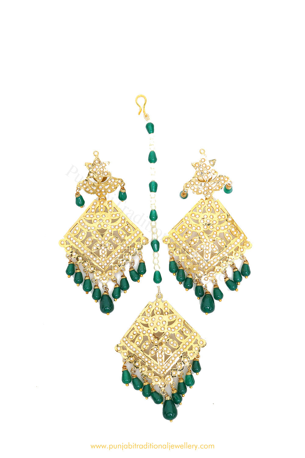 Gold Finished Emerald Jadau Earrings & Tikka Set By PTJ