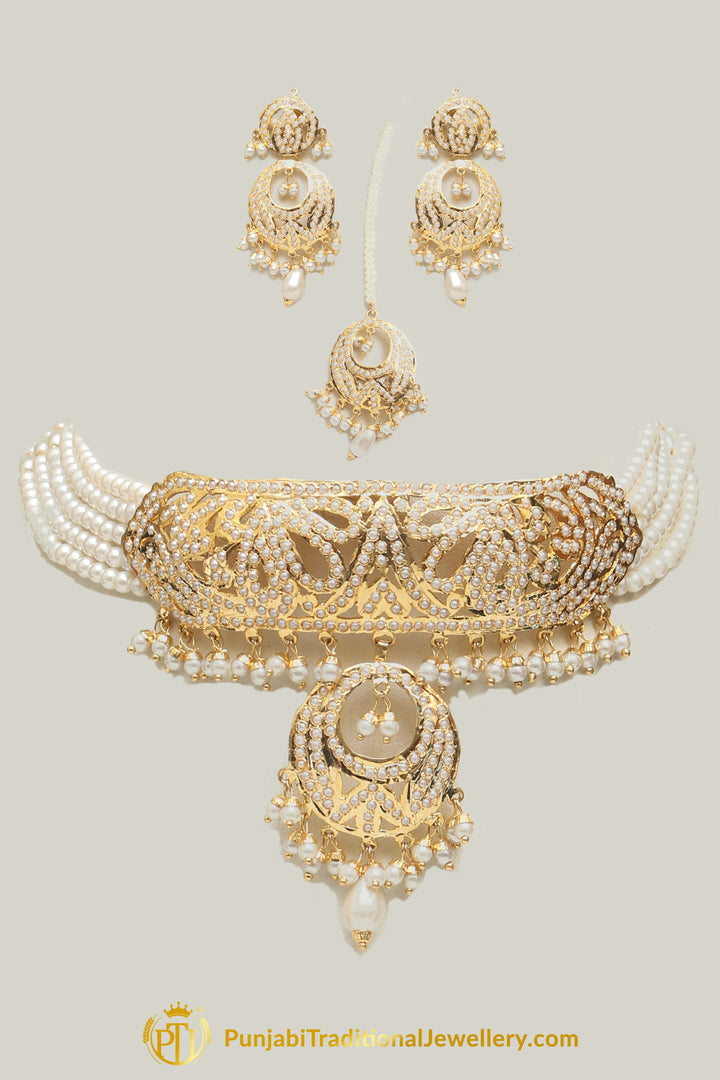 Jadau White Pearl Mala Necklace Set By Punjabi Traditional Jewellery